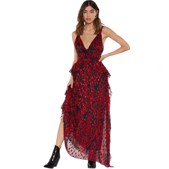 Nasty Gal Dresses & Skirts - Nasty Gal Nwt Grand Entrance Red/Black Jacquard Ruffled Flowy V Neck Maxi Dress